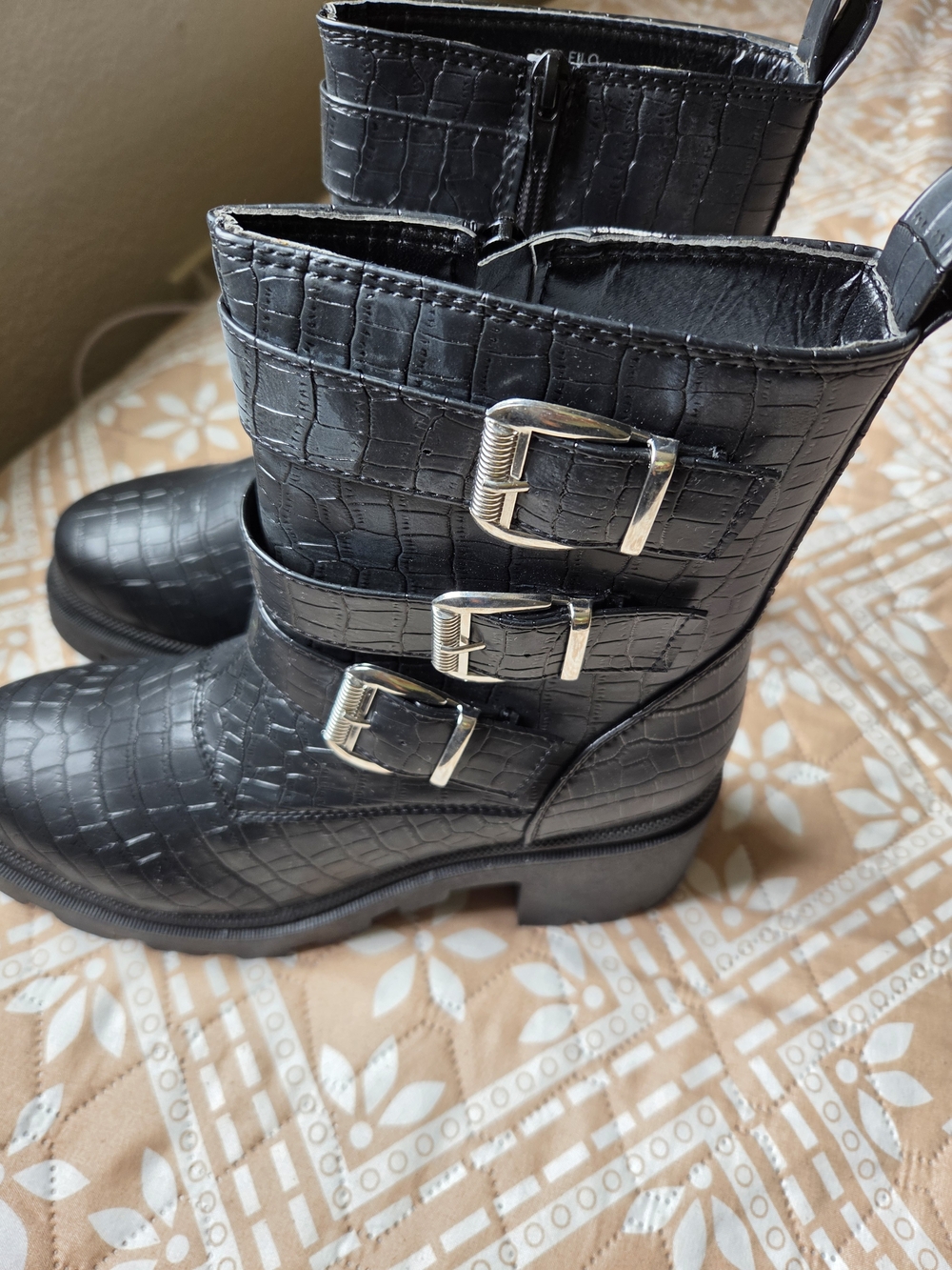Women's Black Croc-Embossed Buckle Boots